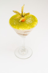 Tiramisu in martini glass decorate with Cape Gooseberry