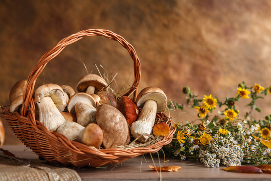 Still life with basket of mushrooms
