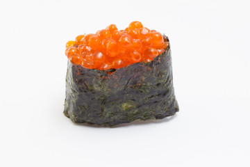 Sushi gunkan with salmon roe on white background
