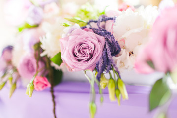 Tables decorated with flowers. Closeup details