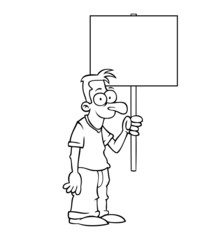 Black and white happy man holding an empty protest sign.