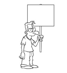 Black and white angry man holding an empty protest sign.