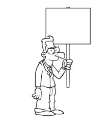 Black and white angry business man holding empty protest sign.
