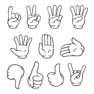 Set of black and white cartoon hands showing various gestures.