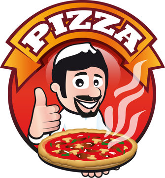 Pizza B&auml;cker mit Schild Pizza