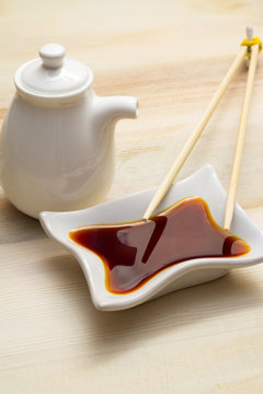 Soy sauce and bottle with chopsticks