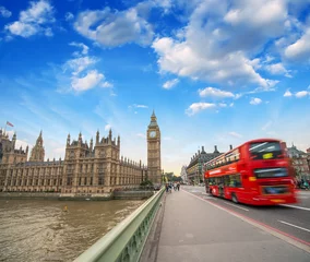Wall murals London red bus Double Decker red bus crossing Westminster Bridge. Big Ben and r
