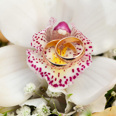 Gold wedding rings of the groom and the bride on a bunch of flow