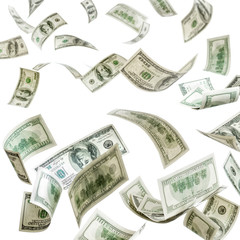 Falling dollars bank notes isolated