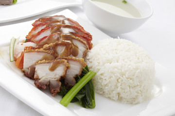 Chinese style roasted pork with rice and soup