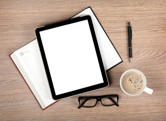 Tablet with blank screen and coffee cup - Powered by Adobe