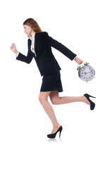 Businesswoman with clock isolated on white