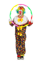 Clown with hula hoop isolated on white