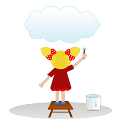 a little girl draws on  sky cloud