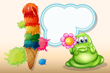 A giant icecream near the monster with a flower
