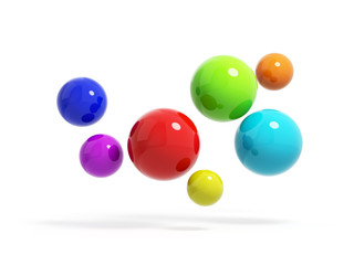 Seven colorful glossy spheres flying isolated on white