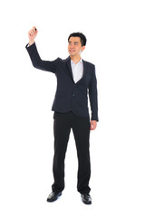 male writing something on glass board with marker