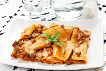 pasta with bechamel and meat sauce and tomatoes