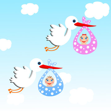 storks carry babies on a background blue sky