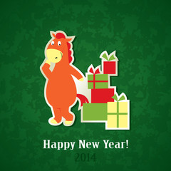 New Year greeting card – horse with with Christmas gifts
