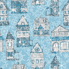vector seamless pattern with houses and snowflakes