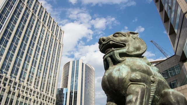 The bronze lion sculpture in Beijing Financial Street,China
