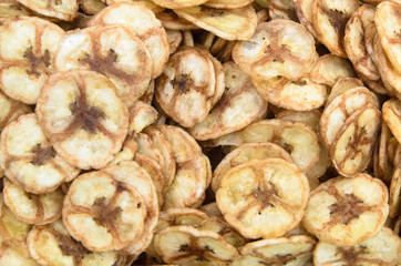 Sweet banana chips. use as snack food background