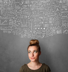 Young woman gesturing with sketched charts above her head