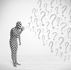 3d human character is body suit looking at hand drawn question m