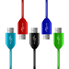 Set of five isolated USB cables in five colors
