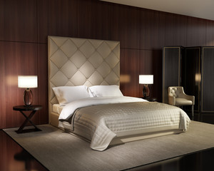Luxury minimal white bedroom with vintage wood floor