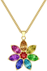 Gold pendant with colorful gemstones on chain  on white