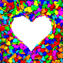 Blank frame of heart shape composed of many colorful hearts