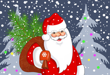 Дед Мороз с мешком подарков  .Векторная новогодняя открытка