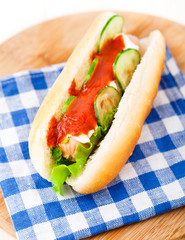 Hot dog with ketchup and cucumbers