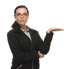 Confident Mixed Race Businesswoman Gesturing with Hand to the Si