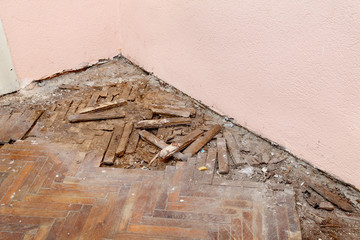Home renovation old demolished oak parquet