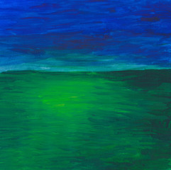 Open green field and blue sky - painting