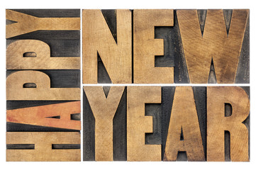 happy new year in wood type