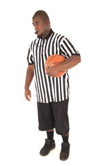 Black male model wearing a basketball referee uniform