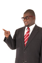 African American model in gray business suit pointing his finger