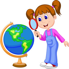 Fototapeta premium Cartoon girl using magnifying glass looking at globe