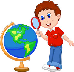 Cartoon boy using magnifying glass looking at globe