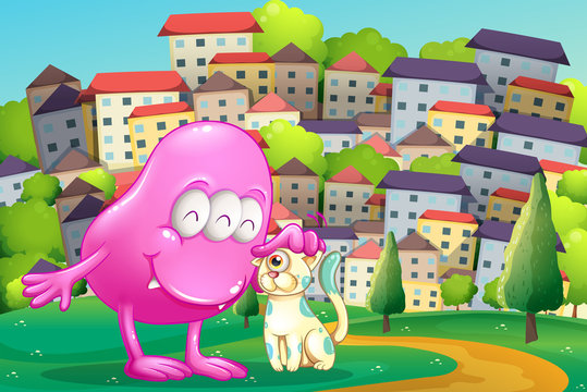 A pink monster patting a pet at the hilltop across the buildings