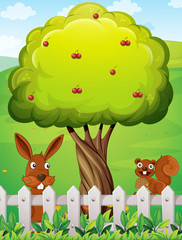 Obraz na płótnie Canvas A rabbit and a squirrel near the tree