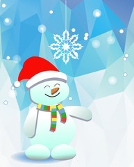 Snowman and a snowflake on the background of blue sky