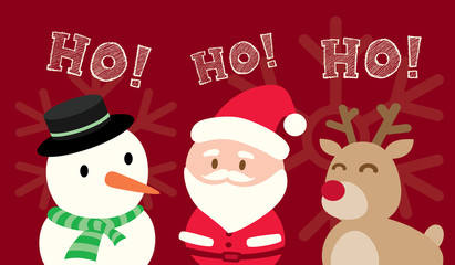 Santa Claus Snowman Reindeer Christmas Cartoon on red background