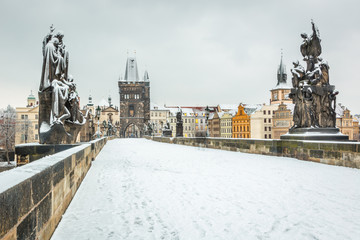 Snow Covered Charles Bridge in Prague