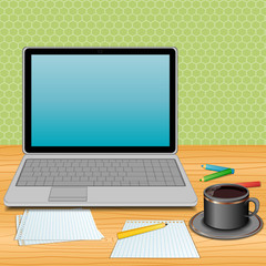 Laptop and coffee, vector illustration