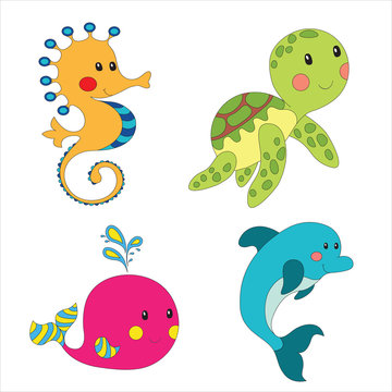 Set of cartoon sea creatures